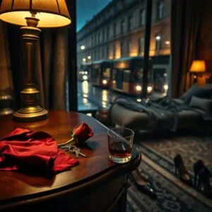 Ein gedämpfter Boutique-Hotelraum in Wien mit Mahagoni-Kommode, roter Rose, Whisky und einem Hauch von Wien Escort.