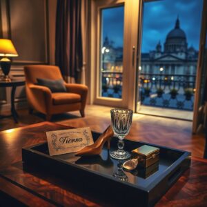 Luxuriöse, leere Hotelsuite in Wien bei Nacht, mit einem eleganten Valet-Tablett und Blick auf den Stephansdom. Luxus Escort Wien.