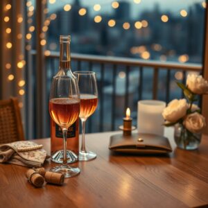 Ein polierter Eichenbistrotisch mit Rosé, Gläsern, Korken, einer goldenen Clutch und flackernder Kerze; Damen Wien.