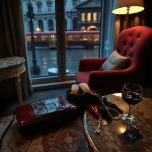 Ein elegantes Hotelzimmer mit einem Marmortisch, roten Schuhen und einem Glas Wein, umgeben von einem geheimnisvollen Nachtambiente.