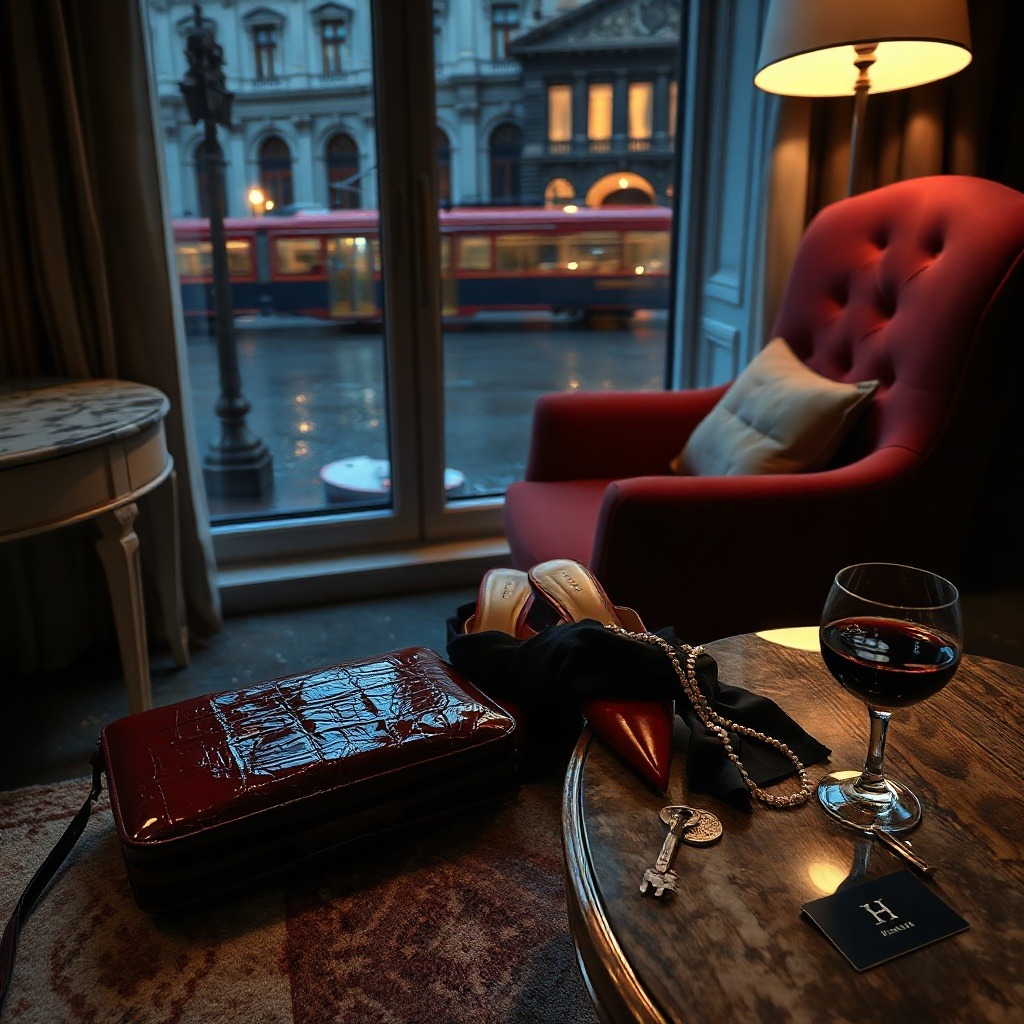 Ein elegantes Hotelzimmer mit einem Marmortisch, roten Schuhen und einem Glas Wein, umgeben von einem geheimnisvollen Nachtambiente.