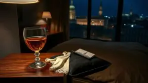 Ein elegantes Hotelzimmer bei Nacht mit einem Nachttisch, einer Kristallglas, einer Seidenunterwäsche und dem Wiener Skyline im Hintergrund.