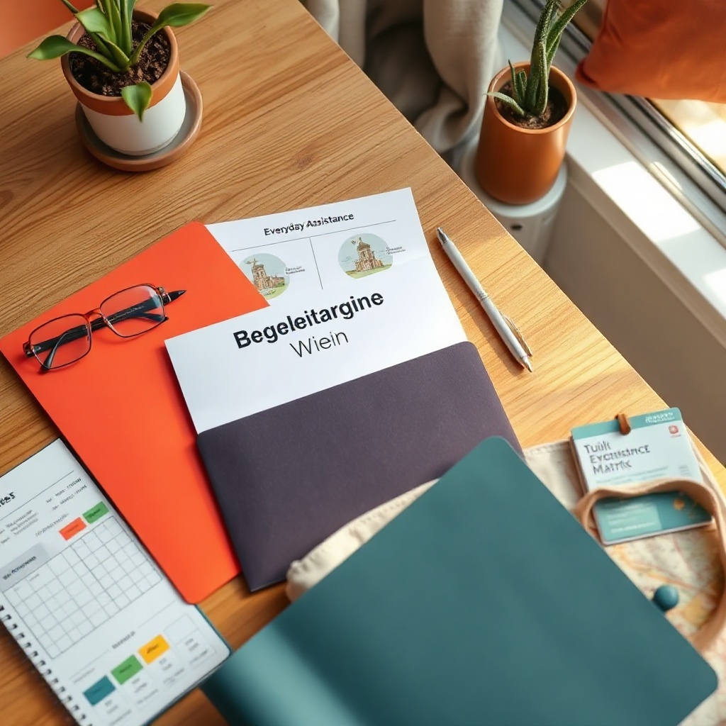 Ein Vergleichs-Flat-Lay mit einem Begeleitagentur Wien Ordner, bunten Anbietermappen und Alltagsgegenständen auf einem Tisch.