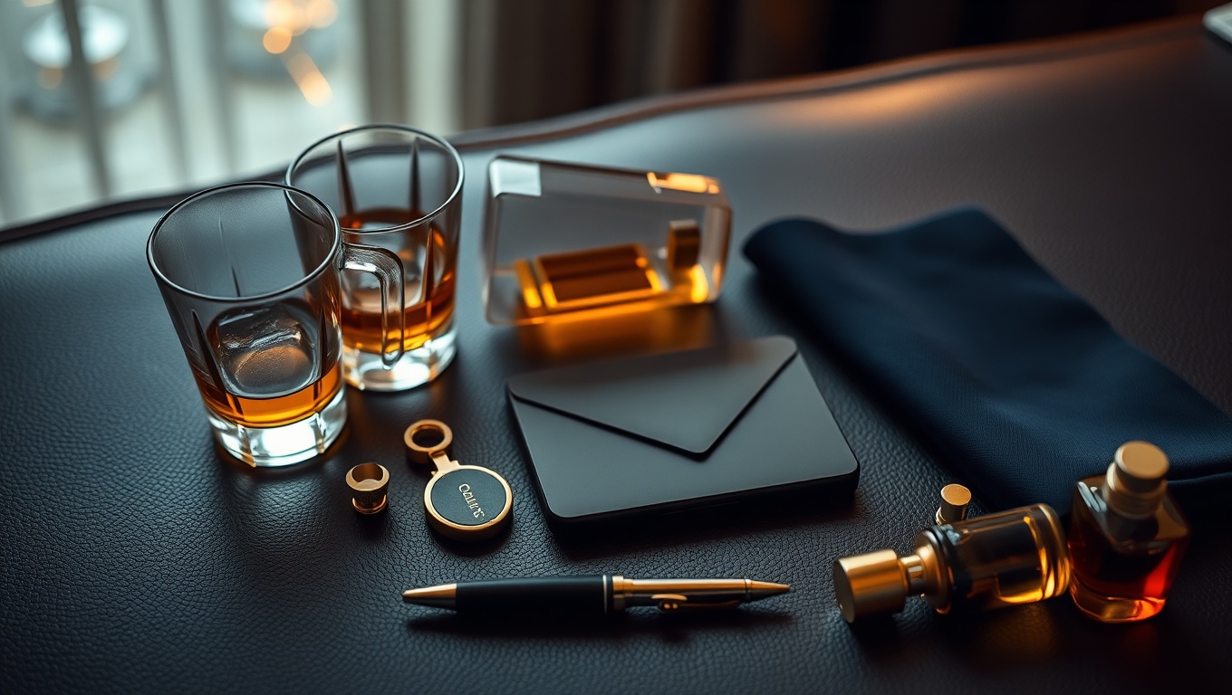 Eine luxuriöse After-Hours-Anordnung: Kristallglas mit bernsteinfarbenem Getränk, Cufflinks, Schlüssel und Smartphone. Escort Inere Stadt.