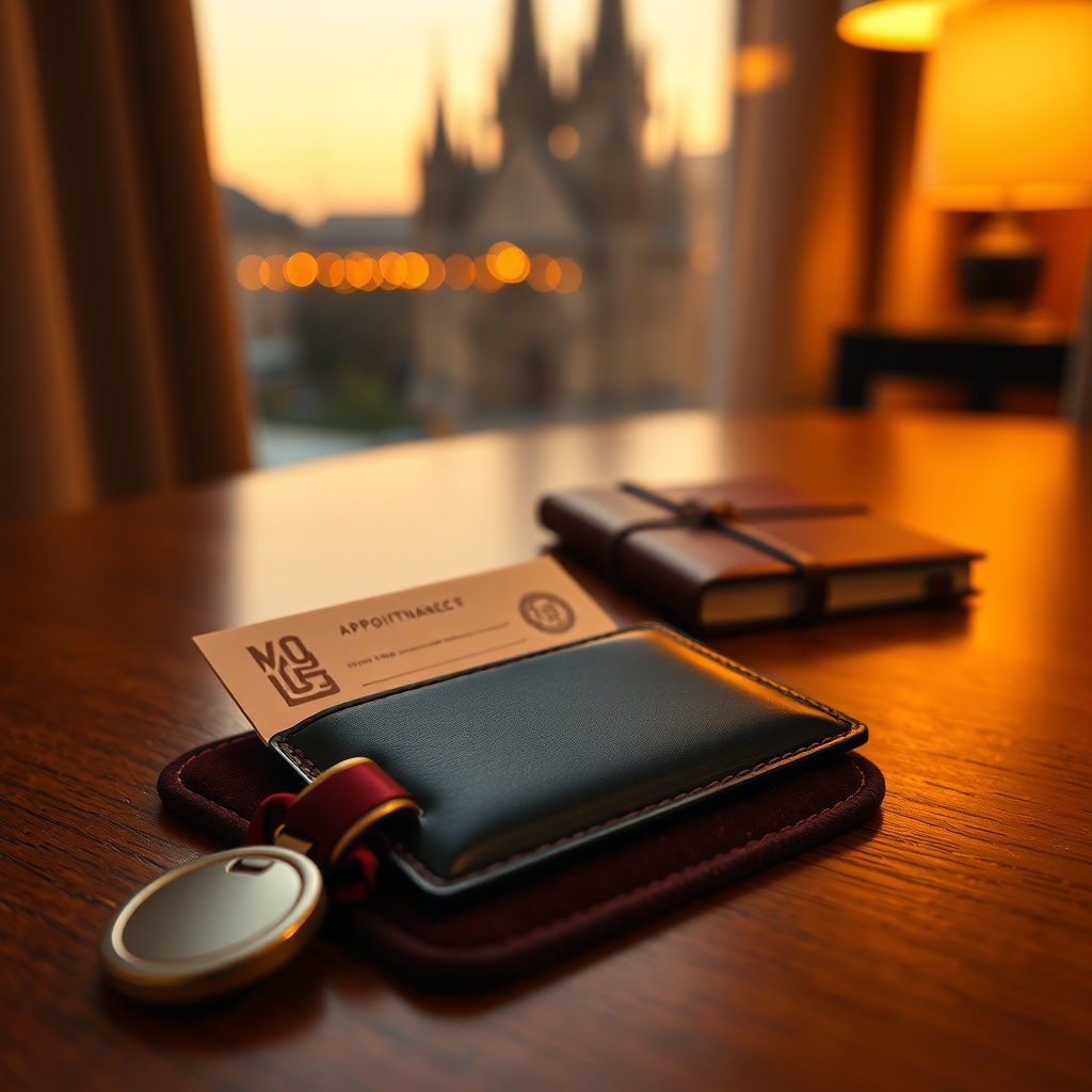 Schwarze Lederkarte mit cremefarbener Karte und goldener Kante auf einem Walnuss-Tisch, Blick auf die Stadt Wien.