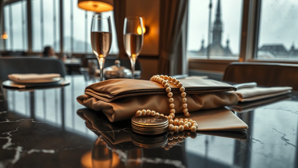 Ein eleganter dunkler Marmortisch mit einem gefalteten Seidenclutch, Perlen und Kristallgläsern, ideal für Wien Escort.