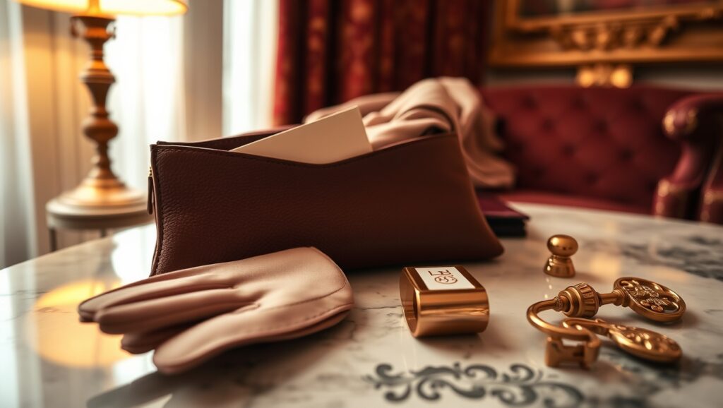 Ein privates, geprägtes Visitenkarte in einer kleinen Leder-Clutch, umgeben von eleganten Accessoires, Stimmung: diskret.