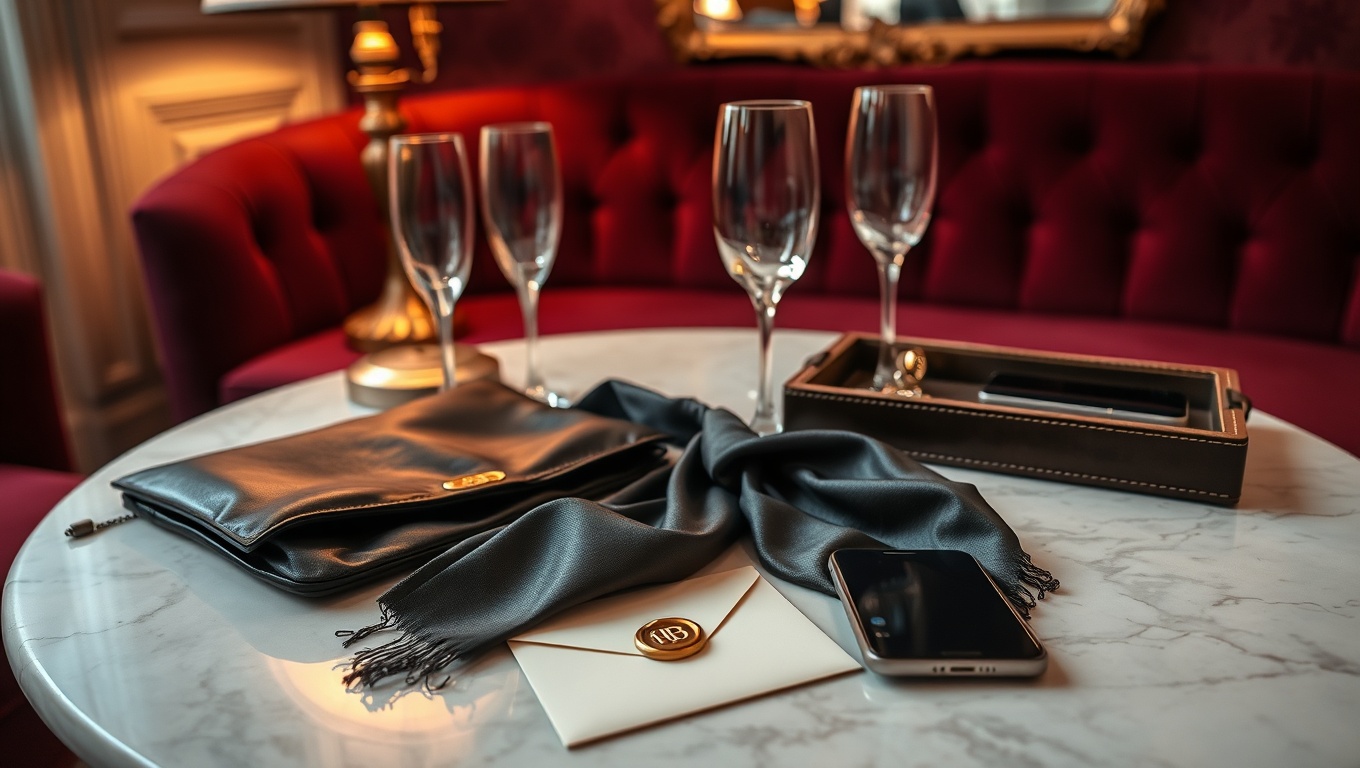 Intimes Finale in einem Wiener Salon: elegante Accessoires auf einem Tisch, Stimmung: diskret und poised, girls wien privat.