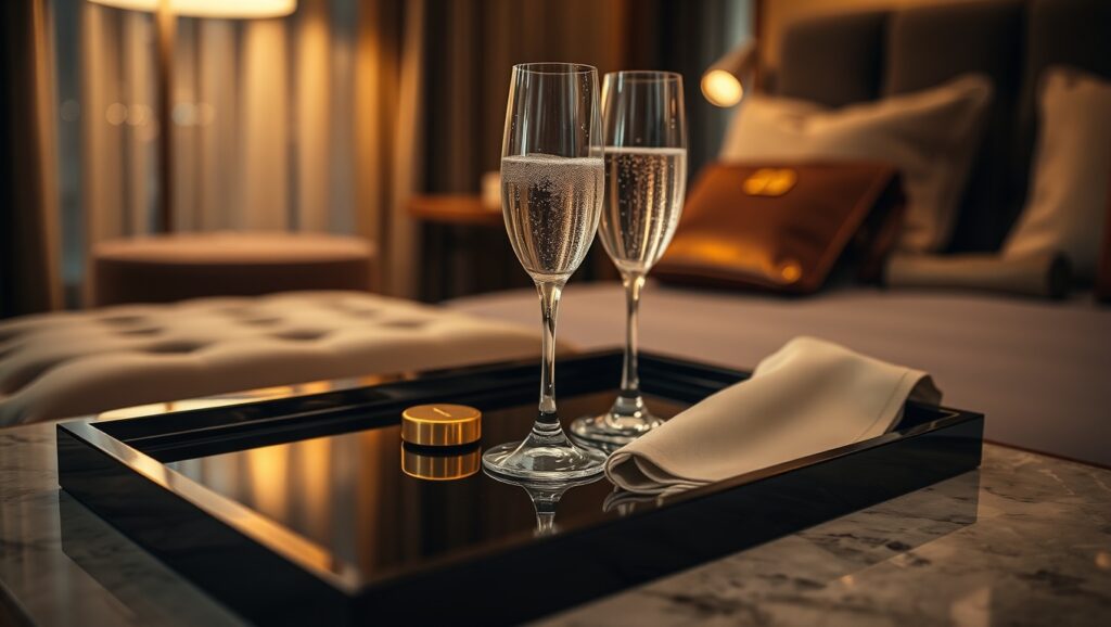 Ein eleganter Marmortisch mit einem schwarzen Tablett, Gläsern, einem Hotel-Schlüssel und einem Seidentuch, umgeben von Stadtlichtern. Erotik kontakten in Österreich.