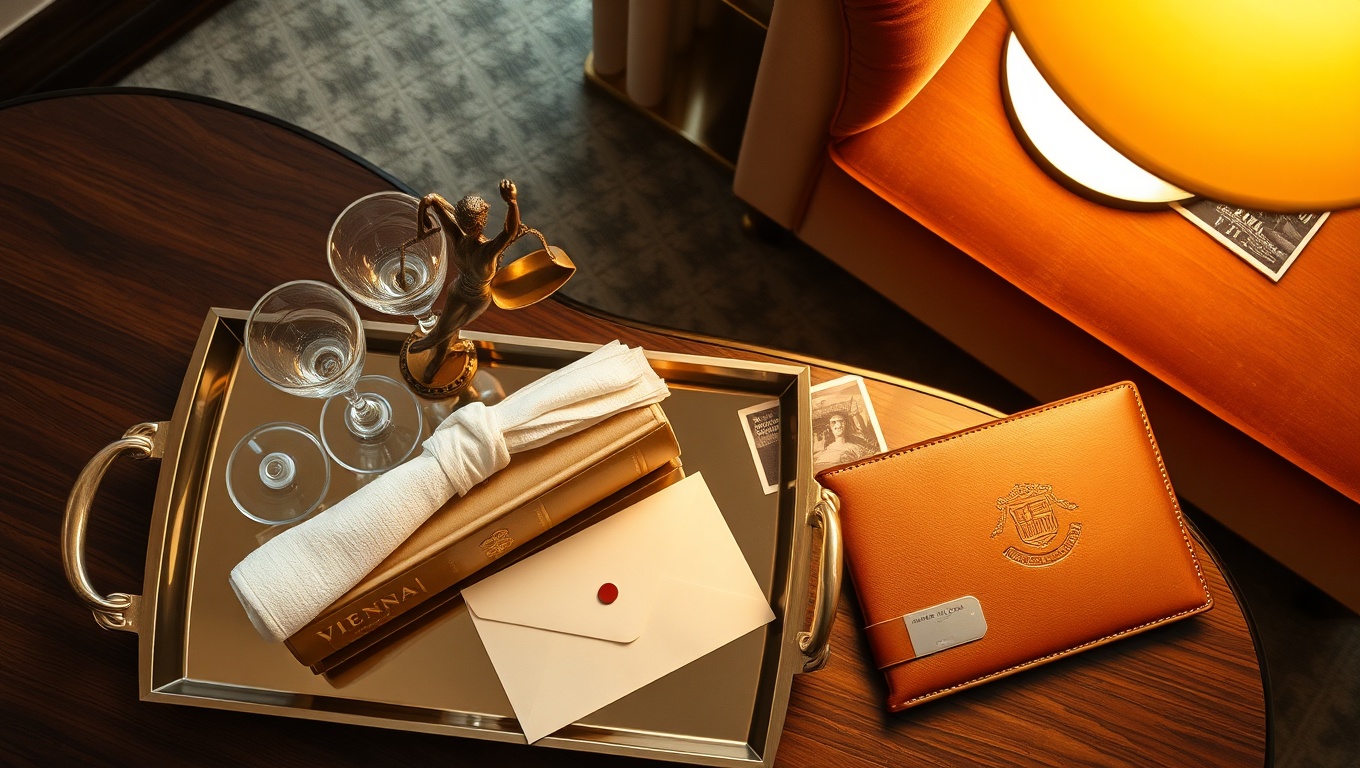 Vogelperspektive eines Hotel-Schreibtisches mit rechtlichen Unterlagen für Erotik kontakten in Österreich, eleganter Anordnung.
