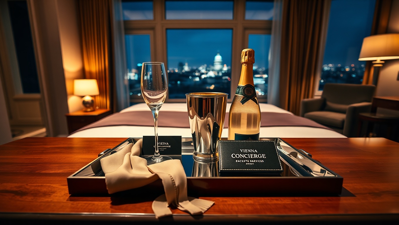 Eine leere Luxussuite mit Champagner, einem "Vienna Concierge"-Visitenkarte und Blick auf die nächtliche Skyline; Erotik kontakten in Österreich.