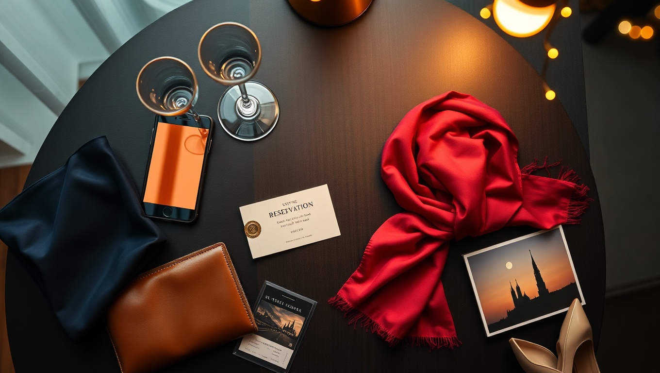 Elegante Anordnung für einen Wiener Abend mit Smartphone, Gläsern, Cocktailkleid, Schal und Reservierungskarte. Buchen sie hübsche girls.