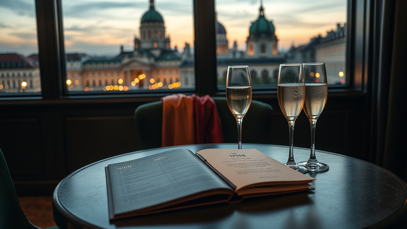 Ein eleganter Tisch mit Angeboten, Gläsern und einer Abendkleid drapiert, vor dem Silhouette von St. Stephan. Buchen sie hübsche girls.