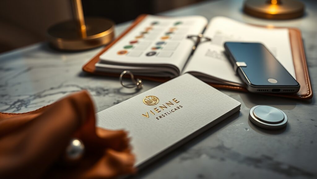 Eine geprägte Visitenkarte der Escort Agentur in Wien auf einem Marmor-Bureau, umgeben von eleganten Accessoires.