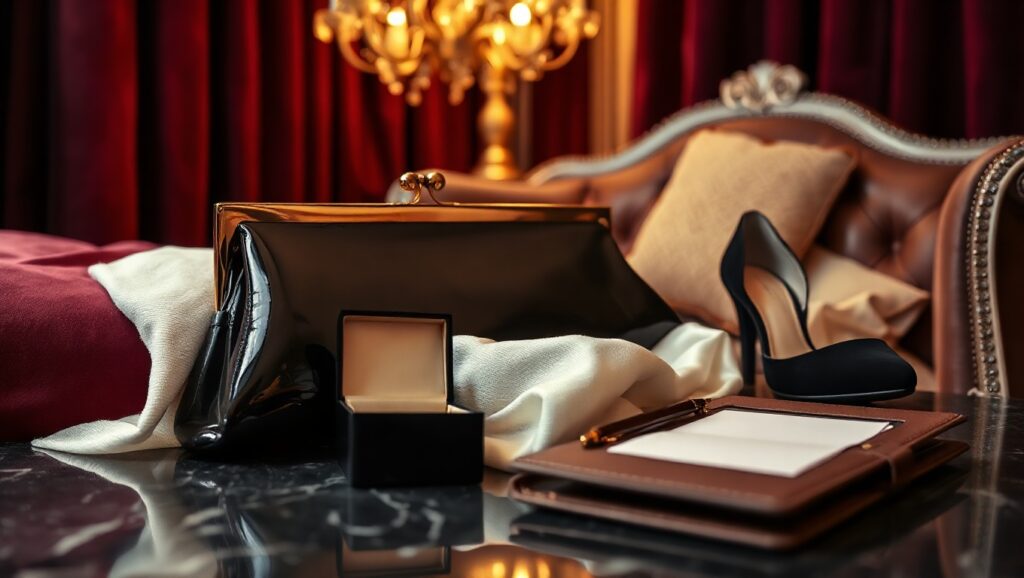Ein glänzendes Clutch aus Lackleder auf ivory Seide, umgeben von eleganten Accessoires in einem intimen Wiener Salon. wien escort begleitagentur