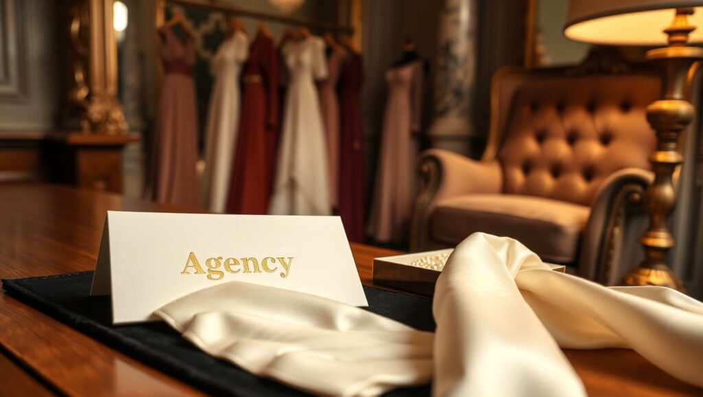 Eine elegante Agenturkarte auf einem Walnusskonsole, umgeben von Abendhandschuhen, Perlen und verschwommenen Kleidern. Escort wien agentur.