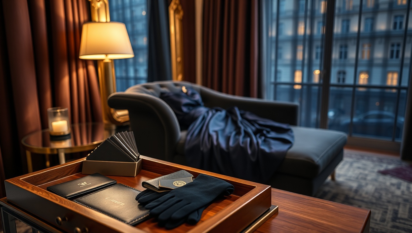 Luxuriöse Hotelsuite mit eleganten Accessoires, ideal für Escort Wien Agentur-Angebote, im sanften Licht der Nacht.