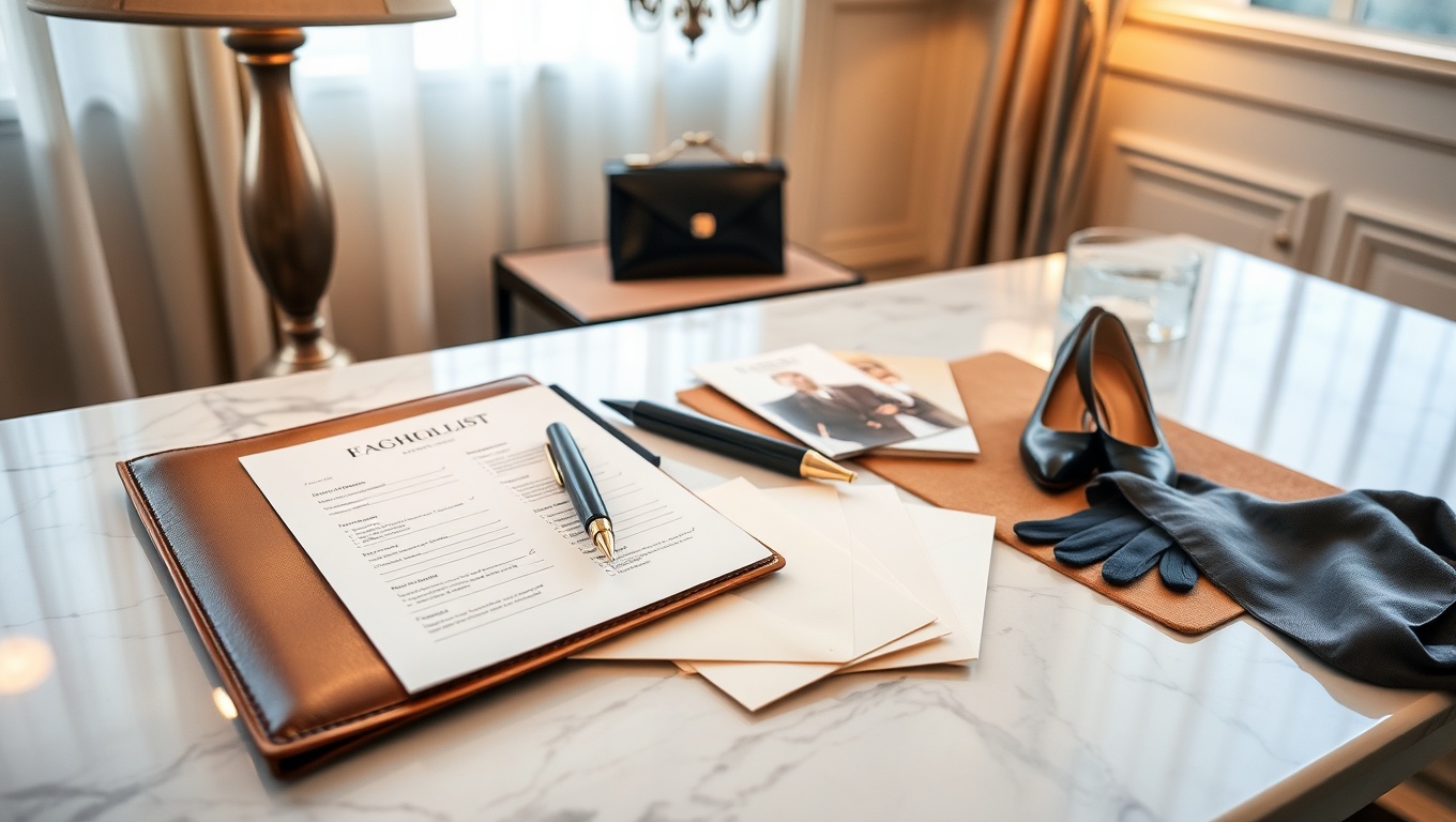 Ein eleganter Tisch mit Agenturmaterialien für die Auswahl einer Escort Wien Agentur, umgeben von luxuriösen Accessoires.