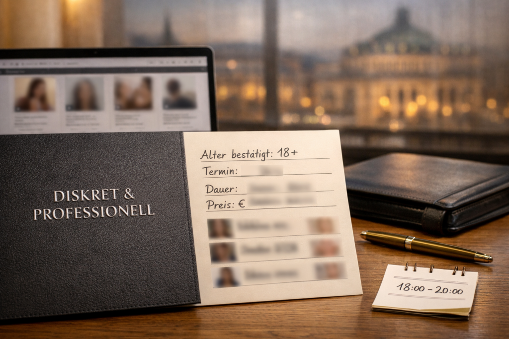 Diskreter Beratungstisch einer escort wien agentur in Wien mit anonymisierten Unterlagen, Laptop und Ringstraßenblick.