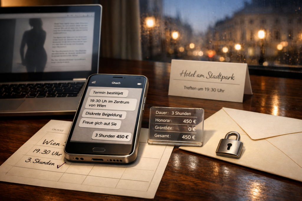 Smartphone mit Wiener Begleitservice-Chat, Hotelreservierung und Kalender neben Laptop und Datenschutzsymbol auf Hoteldesk.