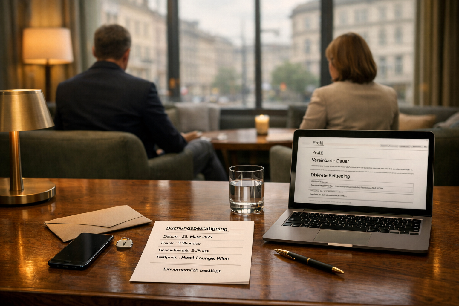 Modernes Wiener Hotellounge-Treffen mit Vertrag, Laptop und Privatsphäre-Symbol; wien begleitservice escort, respektvoll und professionell.