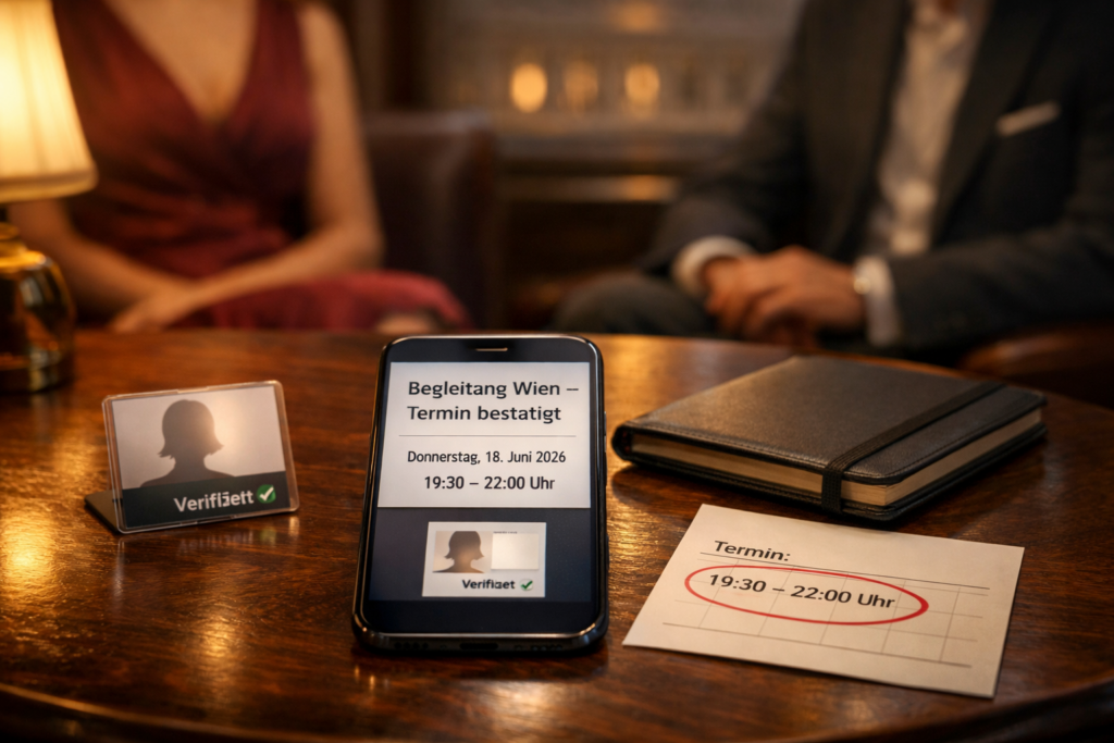 Smartphone mit Terminbestätigung „Begleitung Wien“ und Verifiziert-Karte auf Wiener Hoteltisch; zwei elegante Personen unscharf – sex wien escort