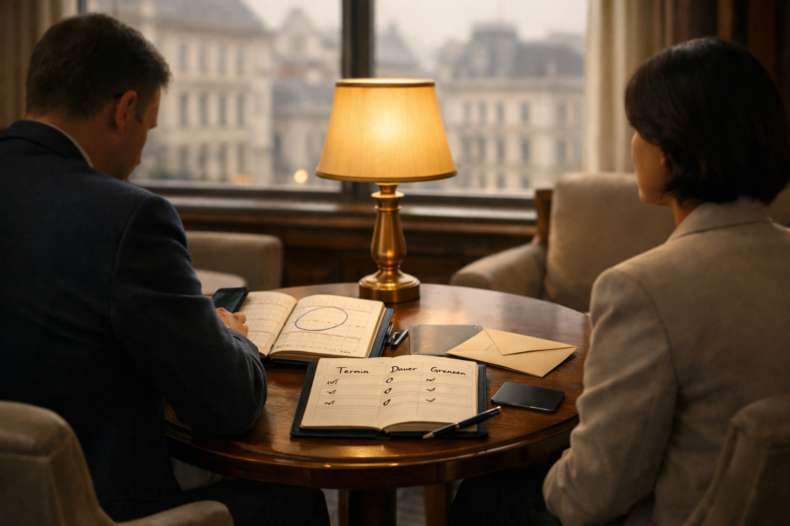 Wiener Hotellounge mit zwei anonymen Erwachsenen, Kalender und Notizbuch; diskrete Terminplanung für „sex wien escort“.