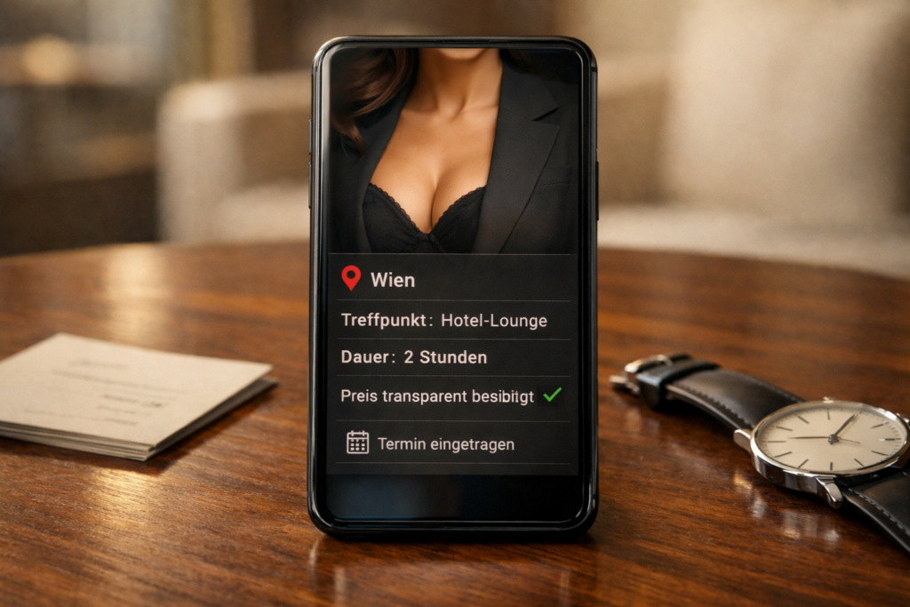 Smartphone mit Wiener Termin-Chat und Escort-Profil ohne Gesicht auf Walztisch; Keyword: „wien sex escort“.