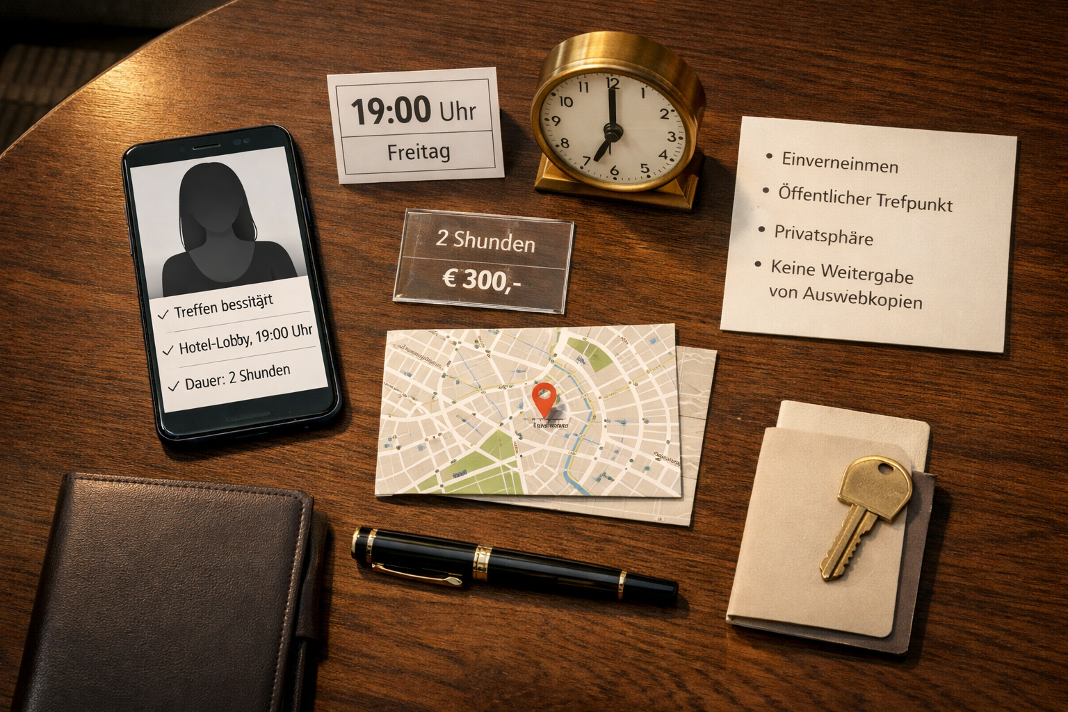 Flache Ansicht mit Smartphone, Wien-Karte und Sicherheitsnotizen zur diskreten Terminplanung für wien sex escort.