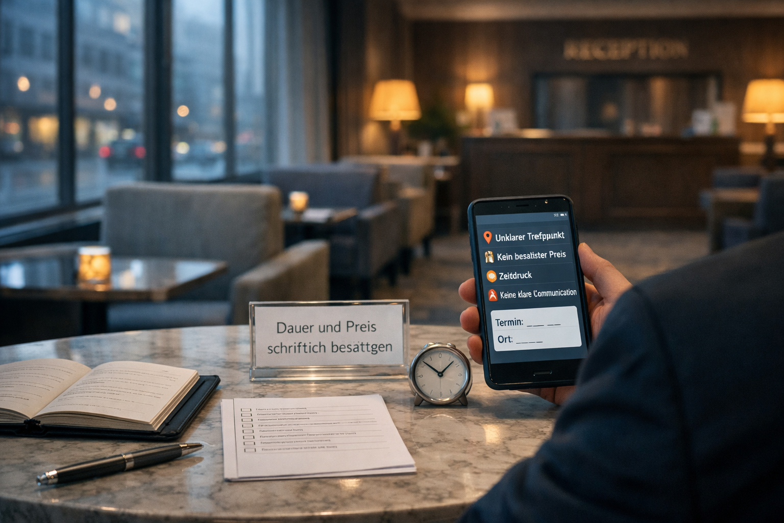 Wiener Hotellounge: Person prüft diskret Terminrisiken auf dem Smartphone – wien sex escort.