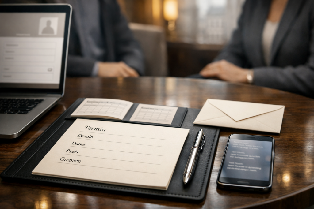 Dokumente, Kalender und Smartphone für diskrete begleitung wien auf einem eleganten Wiener Loungいtisch.