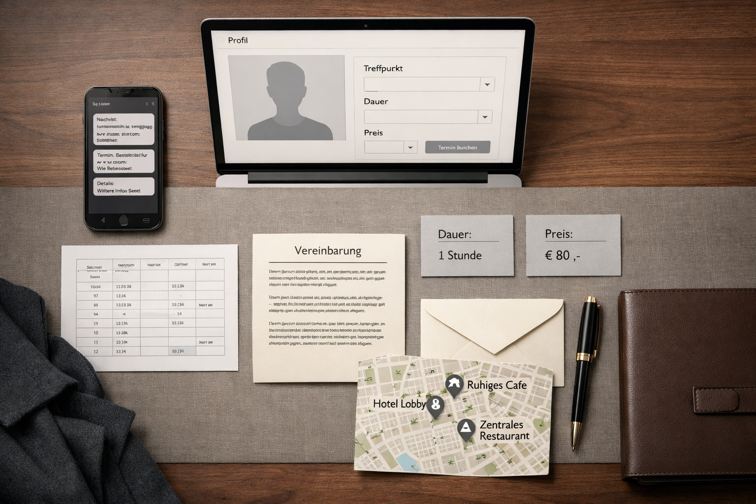 Überblick über eine diskrete Begleitung wien: Laptop, Kalender, Buchungsnotizen, Smartphone und Wiener Treffpunktkarte auf Café-Tisch.