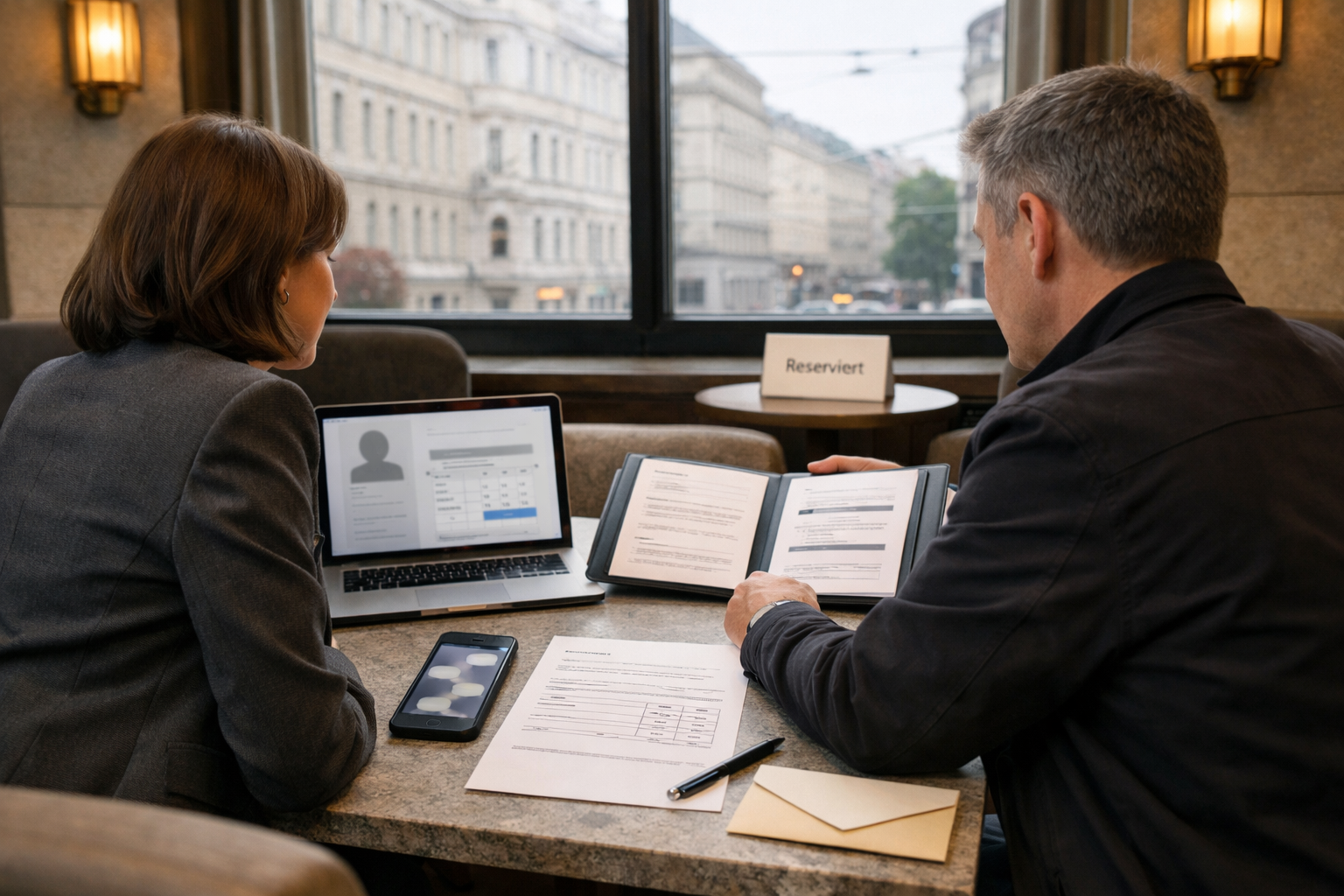 Elegante Wiener Hotellounge mit diskreter Beratung, Unterlagen und Laptop; diskrete begleitung wien am reservierten Tisch.