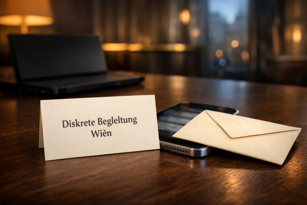 Elfenbeinfarbene Karte mit „Diskrete Begleitung Wien“ neben verdecktem Smartphone und Umschlag in elegantem Wiener Hotel.