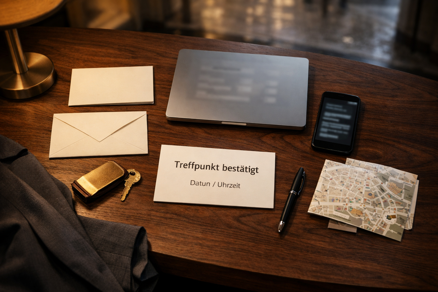 Draufsicht auf diskrete Meeting-Unterlagen, Laptop, Smartphone und Wien-Karte im Hotel: diskrete begleitung wien.