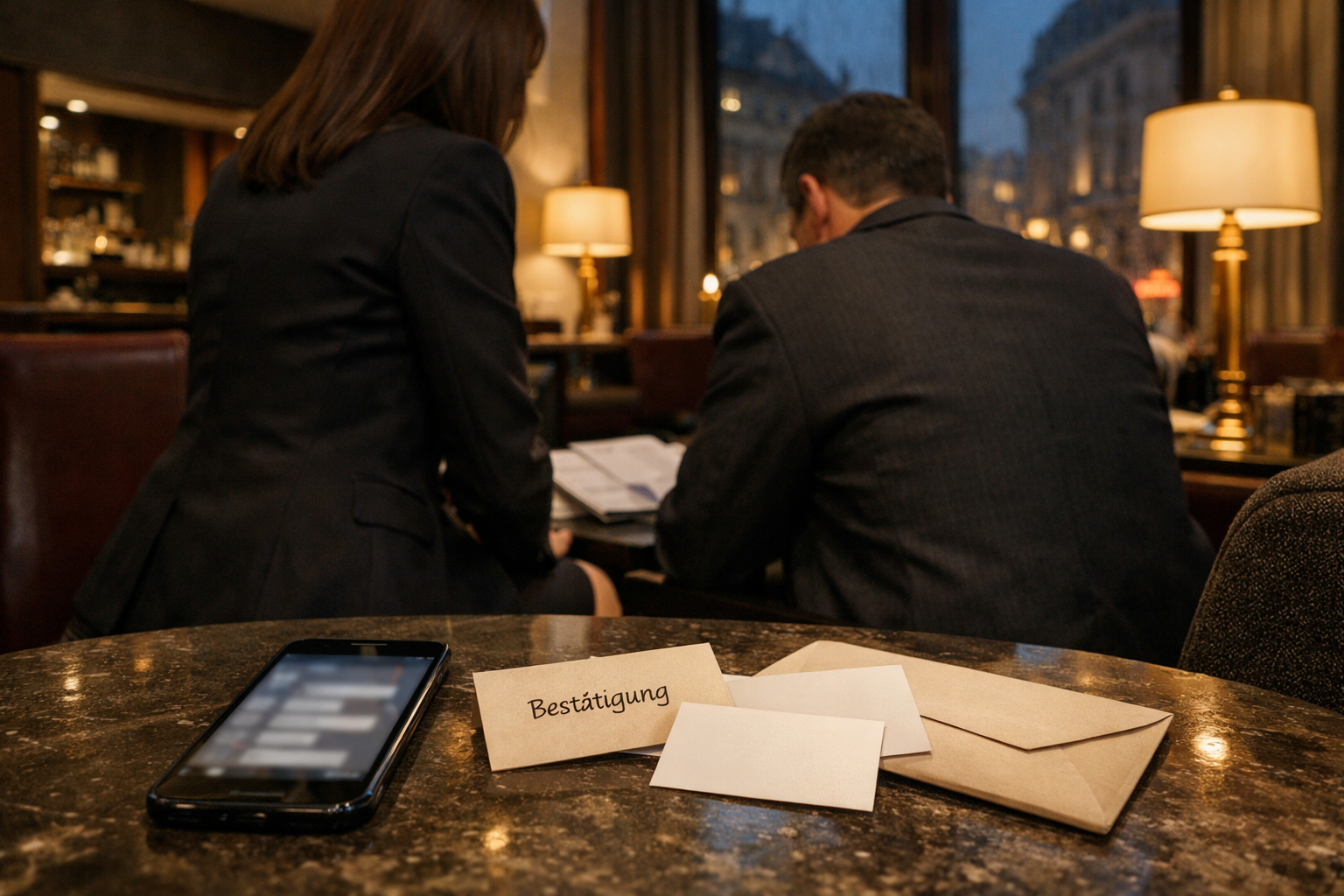 Hotel-Lobby: Begleiterin und Gast prüfen ungeordnete Terminunterlagen neben Smartphone und Umschlag – diskrete begleitung wien