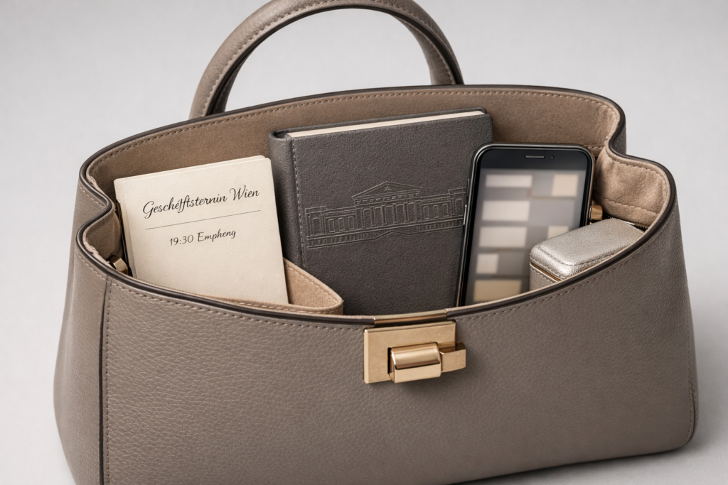 Elegante Ledertasche mit Notizbuch, Smartphone und Reiseplan für einen diskreten business escort wien.