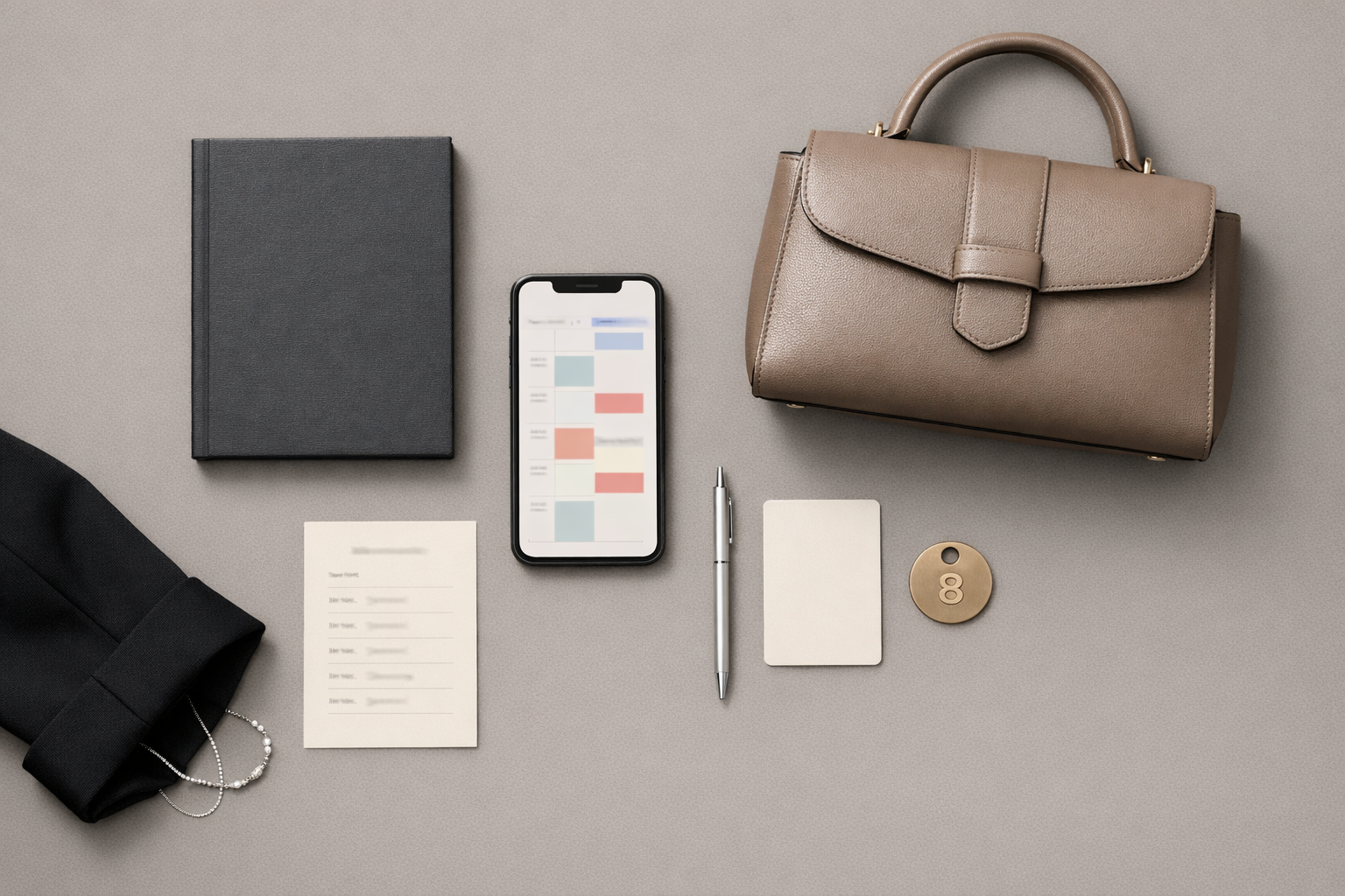 Elegante Arbeitsutensilien mit Smartphone, Tasche und Reiseunterlagen auf grauem Hintergrund – business escort wien.
