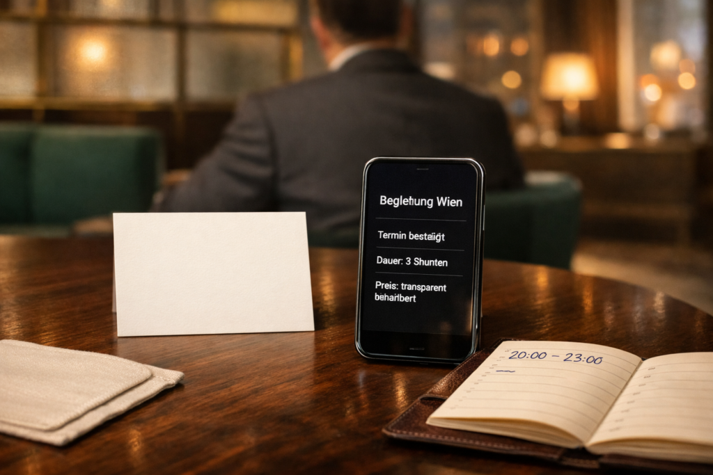 Smartphone mit „escort service wien“-Buchungsnachrichten, Visitenkarte und Notizbuch auf Walnussholztisch in Wiener Hotellounge.
