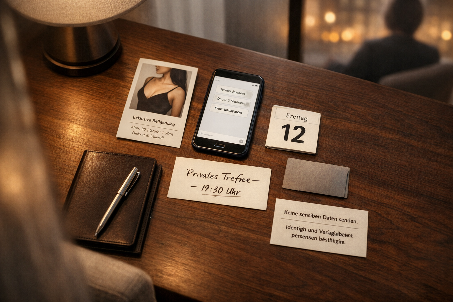 Privater escort service wien: diskrete Terminunterlagen, Smartphone und Notizkarte auf Wiener Hoteltisch, warm beleuchtet.