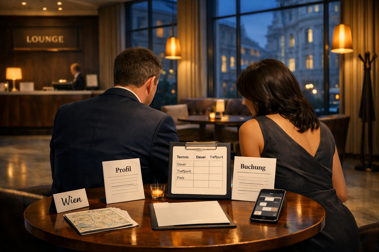 Wiener Hotellounge: Zwei Personen prüfen Termine und Unterlagen für einen diskreten escort service wien.