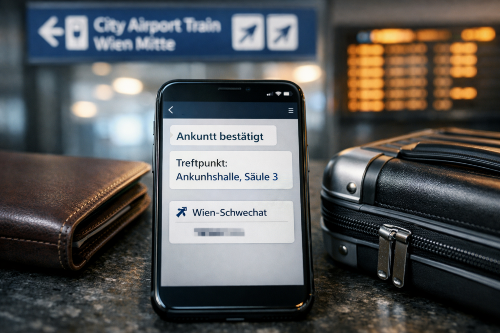 Smartphone mit Ankunftsbestätigung, Reisepass und Koffer am Flughafen Wien; dezenter Hinweis auf escort flughafen wien.