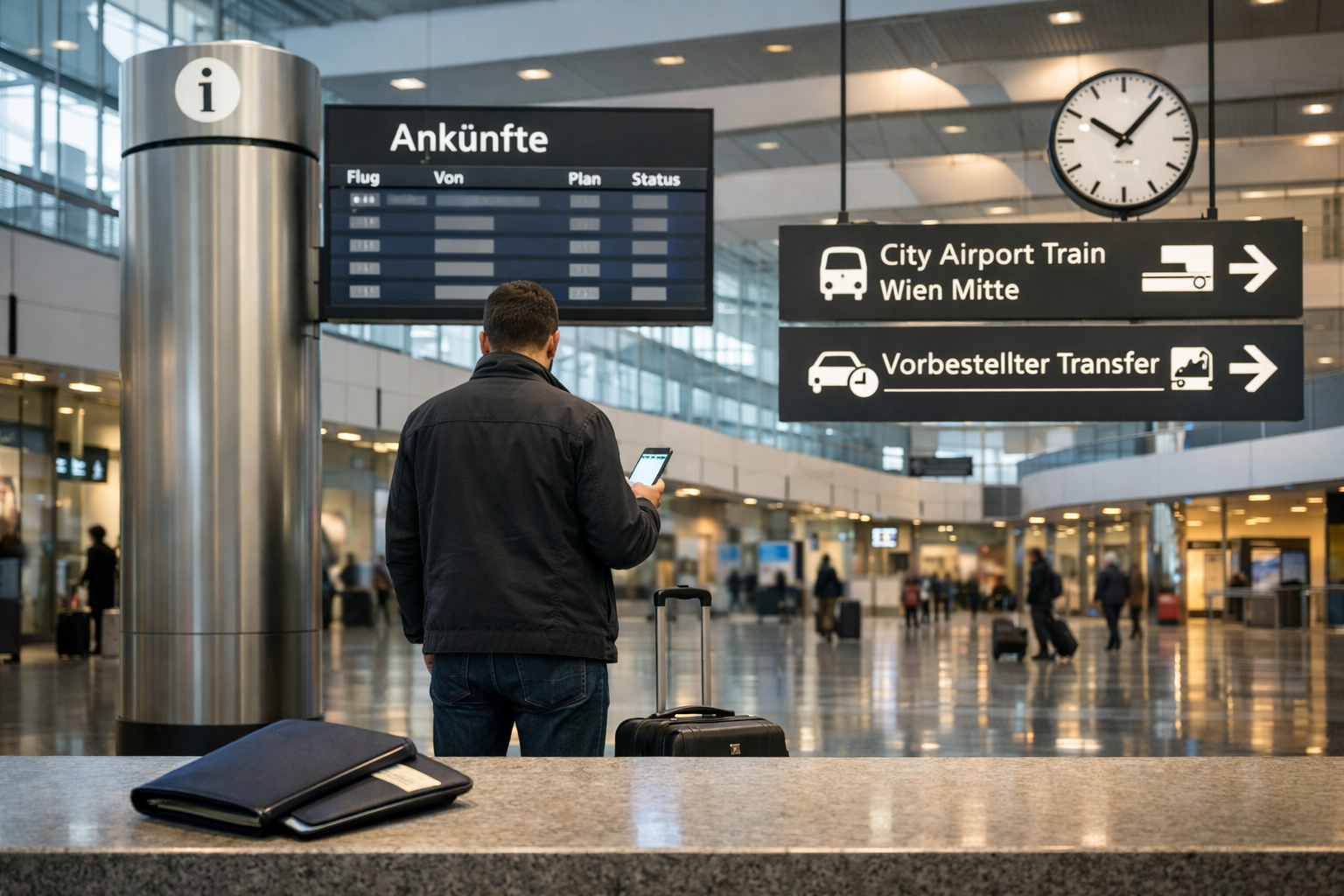 Wiener Flughafensankunft mit Reisendem, Koffer, Smartphone und Wegweisern; diskrete Szene für „escort flughafen wien“.