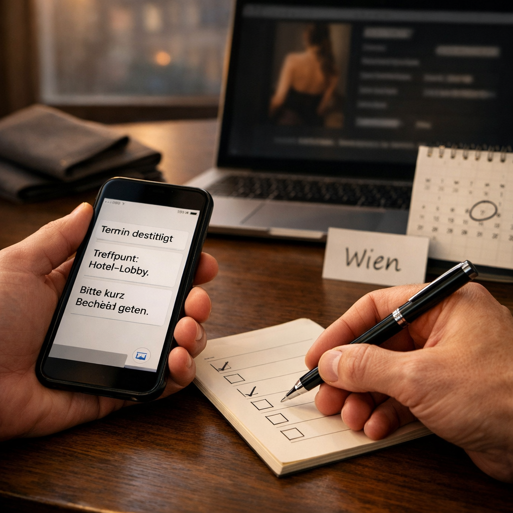 Hände organisieren diskrete treffen wien am Café-Tisch: Smartphone, Checkliste, Stift und Laptop im warmen Abendlicht.