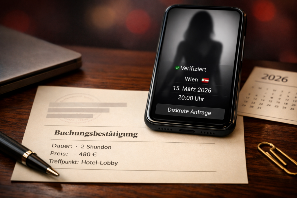 Escort Agentur Österreich: Smartphone und Buchungsbestätigung mit verifizierter, diskreter Anfrage auf elegantem Schreibtisch.