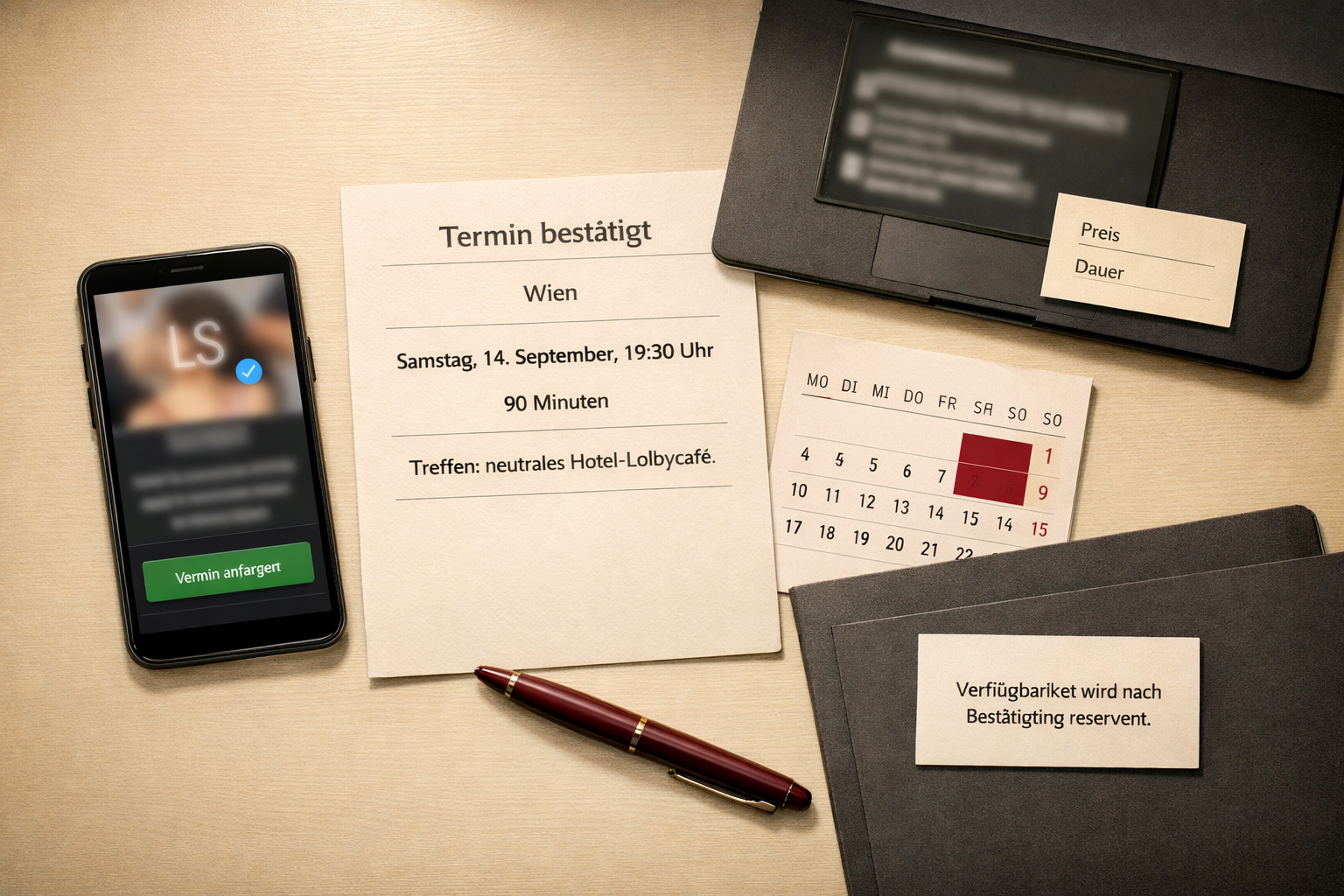 Escort Agentur Österreich: Smartphone, bestätigte Terminunterlagen für Wien, Kalender und Agenturmappe auf elegantem Schreibtisch.