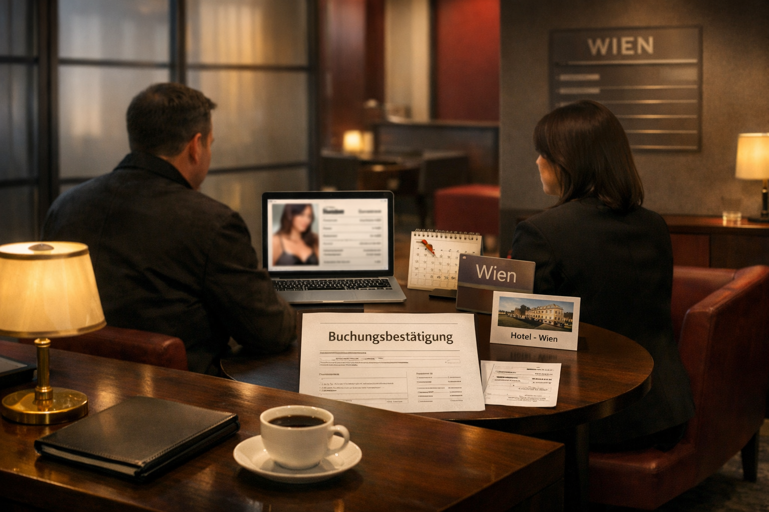 Professionelle Beratung in einer Wiener Escort-Agentur mit Buchungsunterlagen, Laptop und diskretem Ambiente; Escort Agentur Österreich