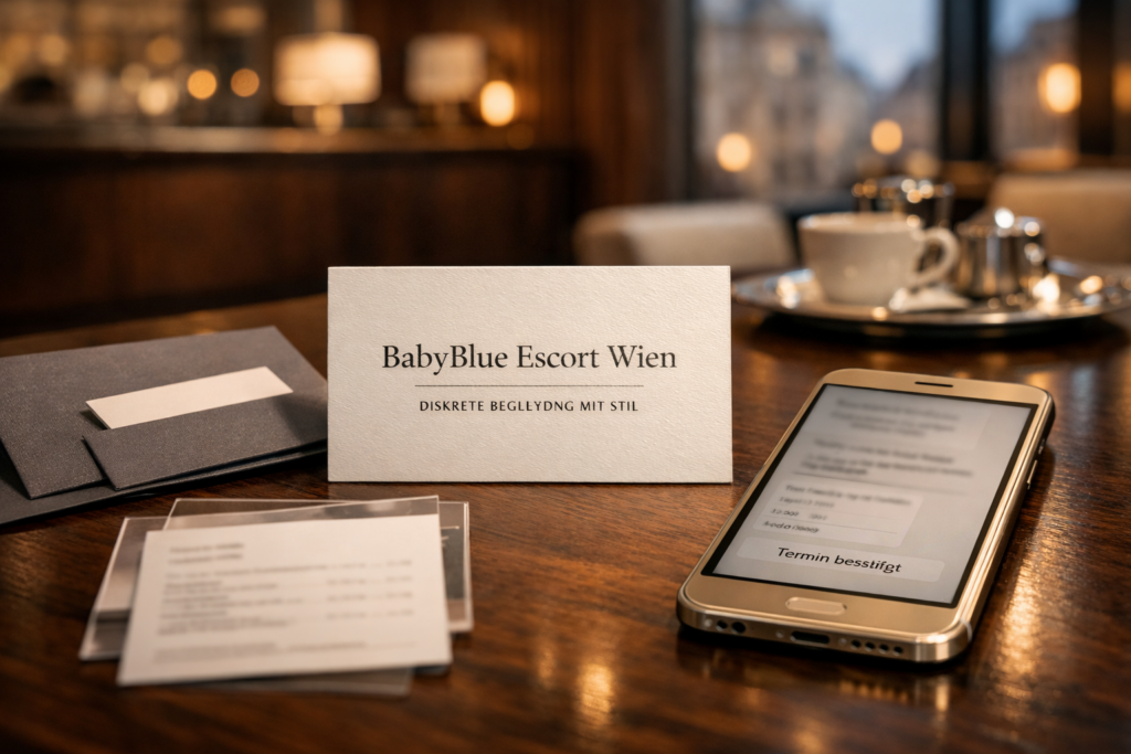BabyBlue Escort Terminbestätigung auf einer eleganten Visitenkarte neben Smartphone im Wiener Hotellounge-Ambiente