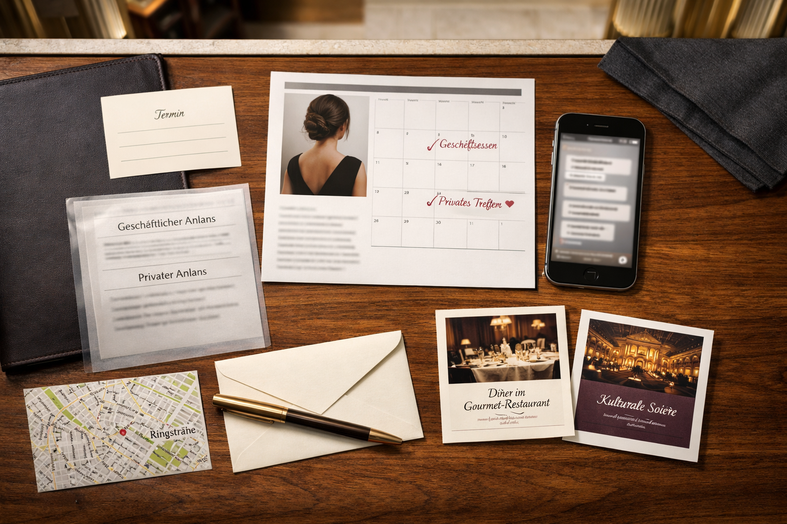 Wiener Hoteldesk mit Terminkarten, diskretem Profil, Kalender, Smartphone und Stadtplan für BabyBlue Escort.