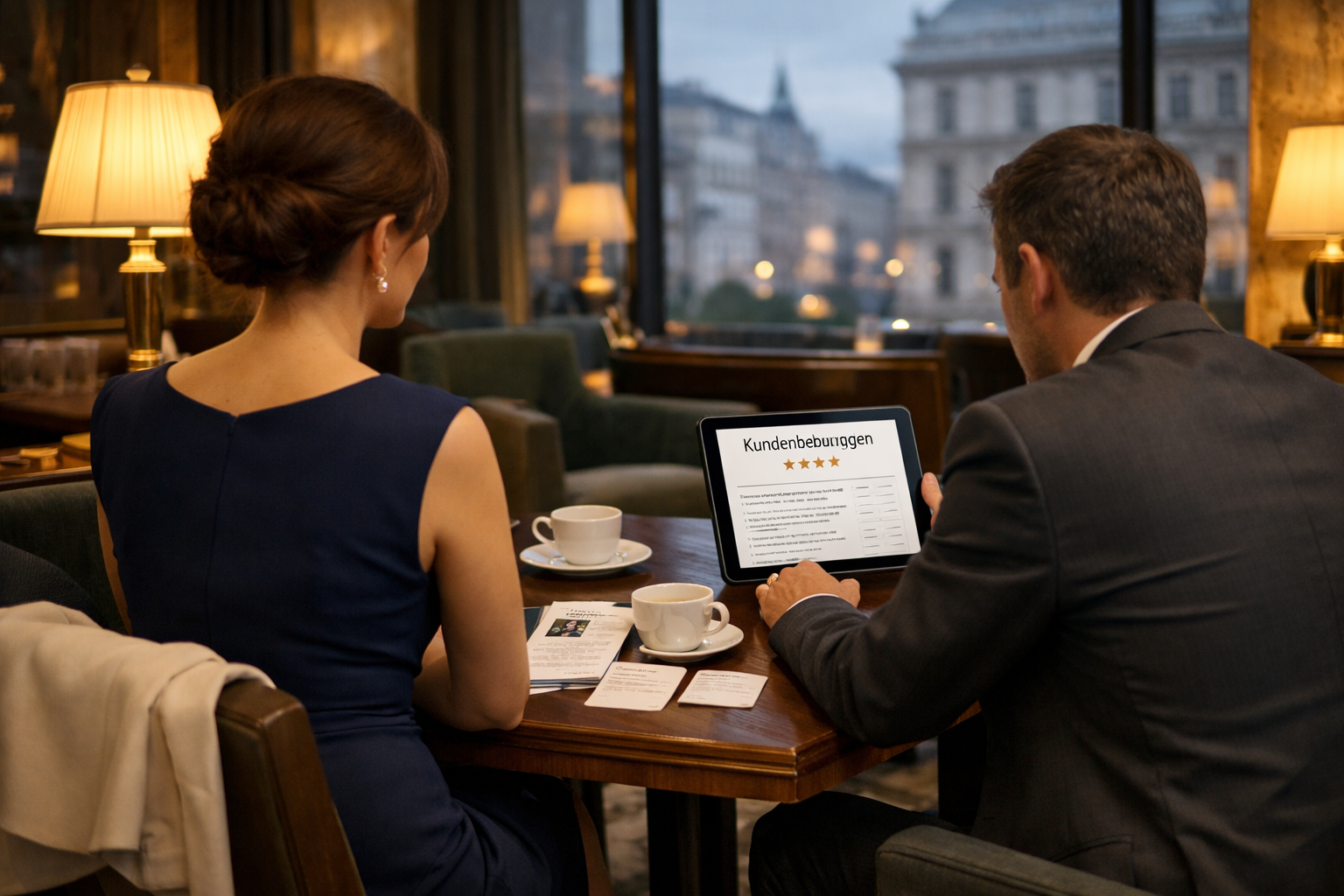 Wiener Hotellounge mit diskreter Beratung: Kundin und Begleiter am Tisch, Tablet mit „Kundenbewertungen“; BabyBlue Escort.